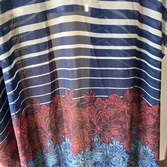 Striped Navy & White Floral Fringe Kimono - Picture 2 of 3